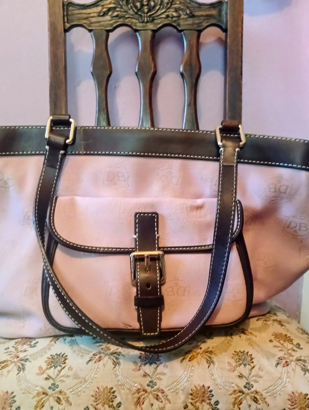 Dooney & Bourke Signature Monogram Pink & Brown Leather Satchel